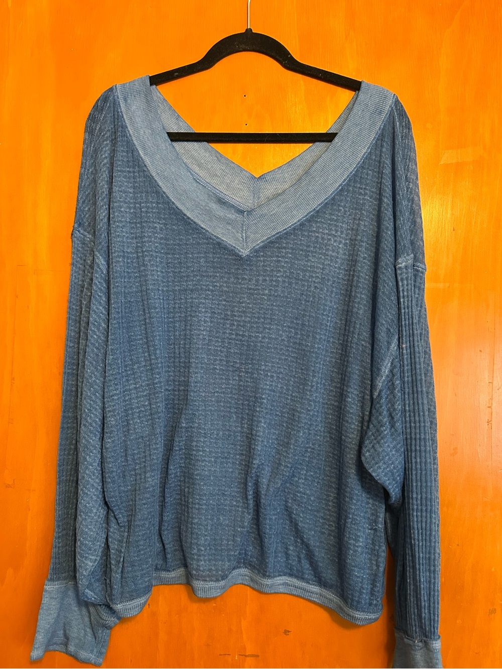 We The Free Sky Blue V-Neck Waffle Knit Top